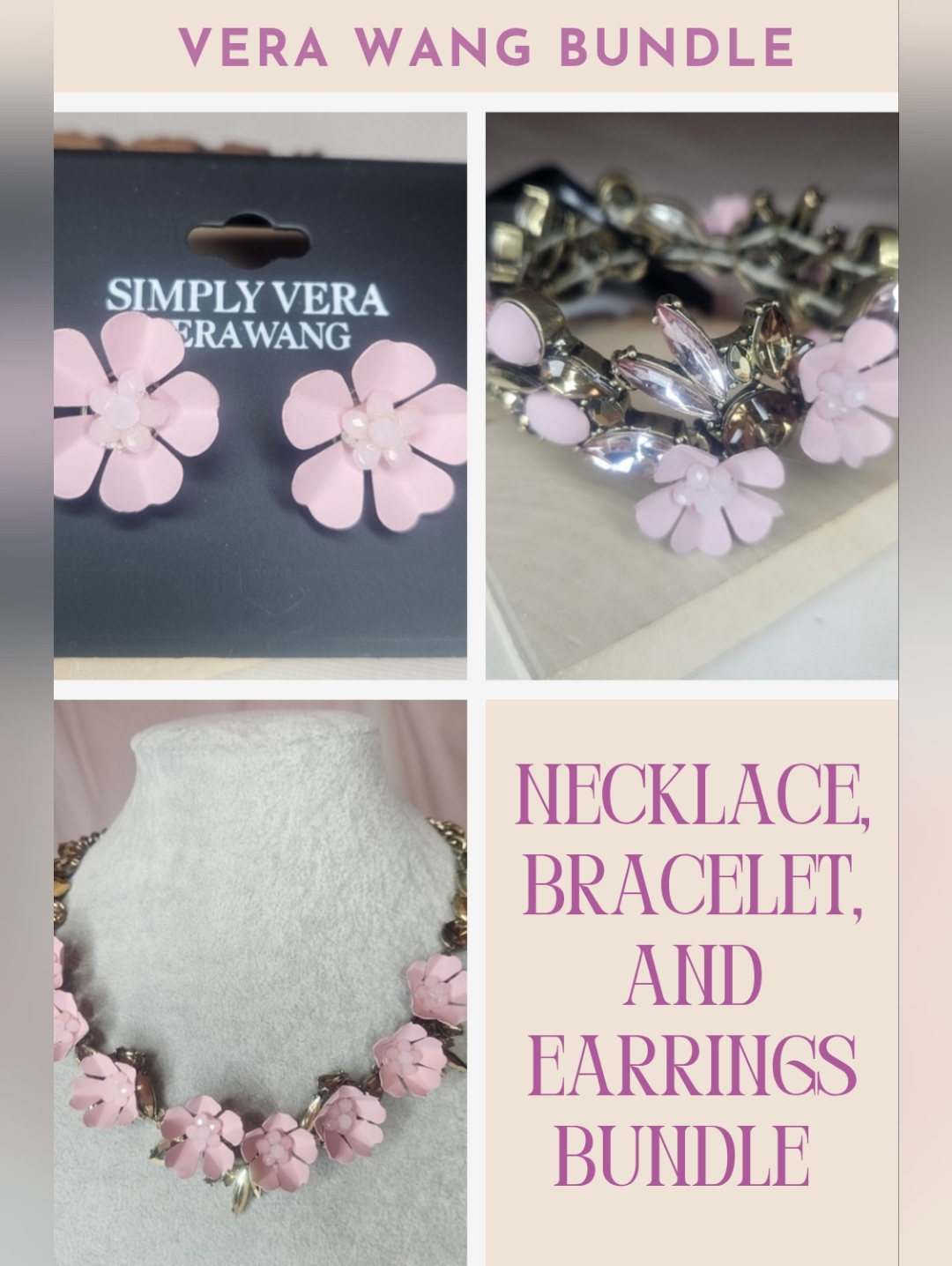 Simply Vera Vera Wang Pink 3d Floral Necklace Bracelet Earring Bundle